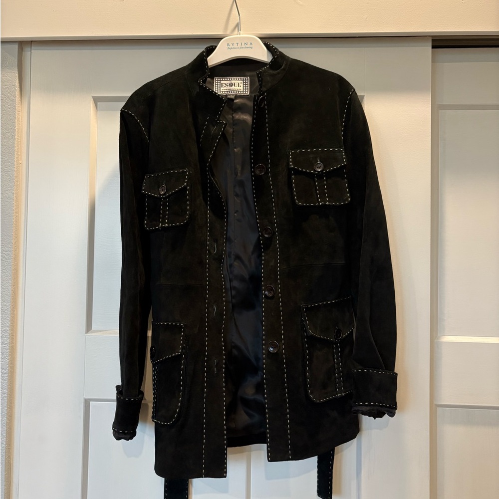 Vintage Black Suede Jacket with White Stitching